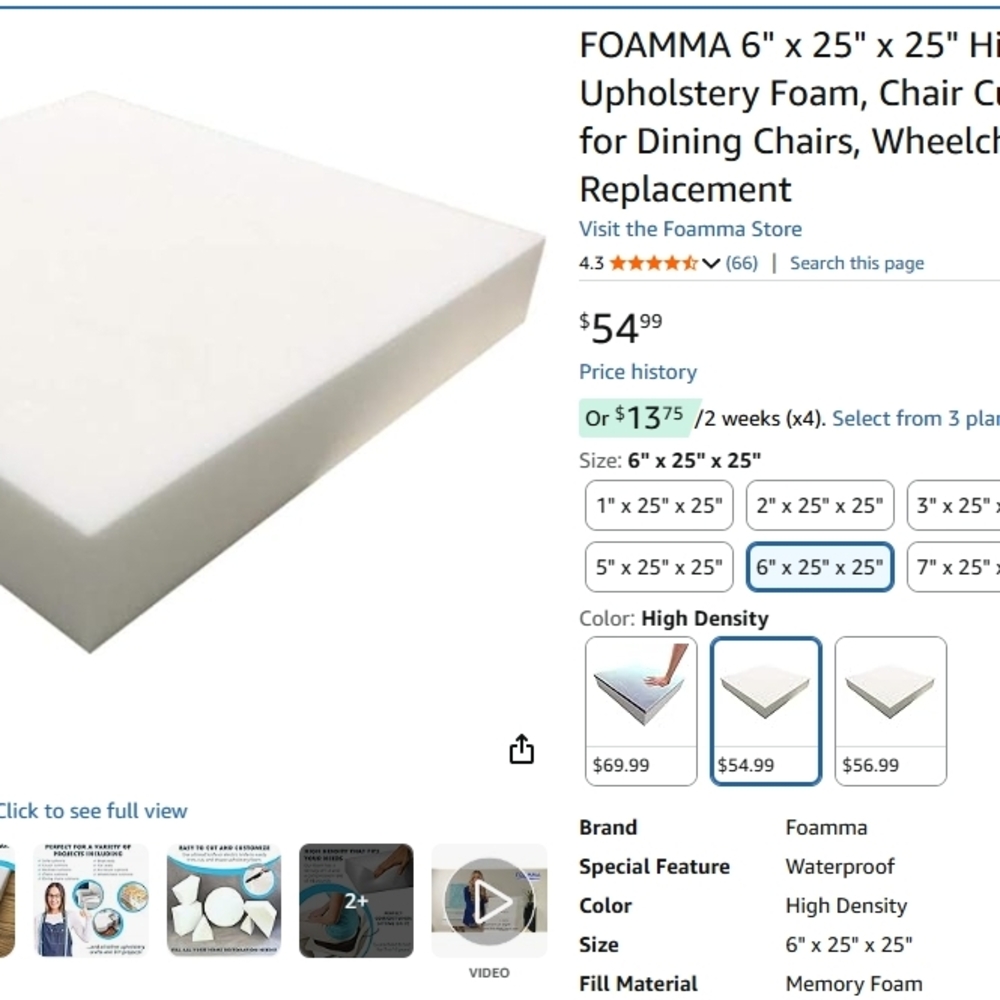 FOAMMA 6"x25"x25" High Density White Upholstery Foam Replacement